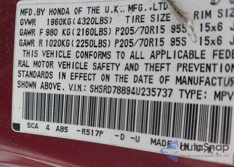 2004 Honda Cr-V Ex z USA, uszkodzony, nr VIN SHSRD78894U235737
